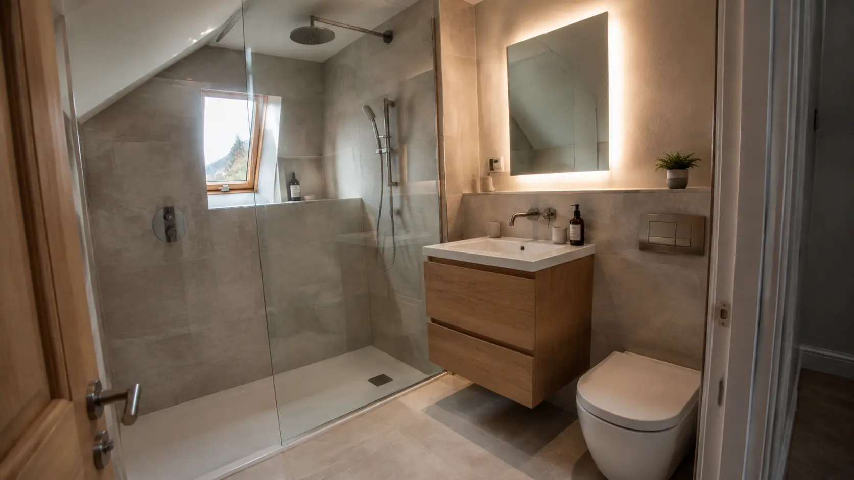 Small ensuite under a sloped ceiling