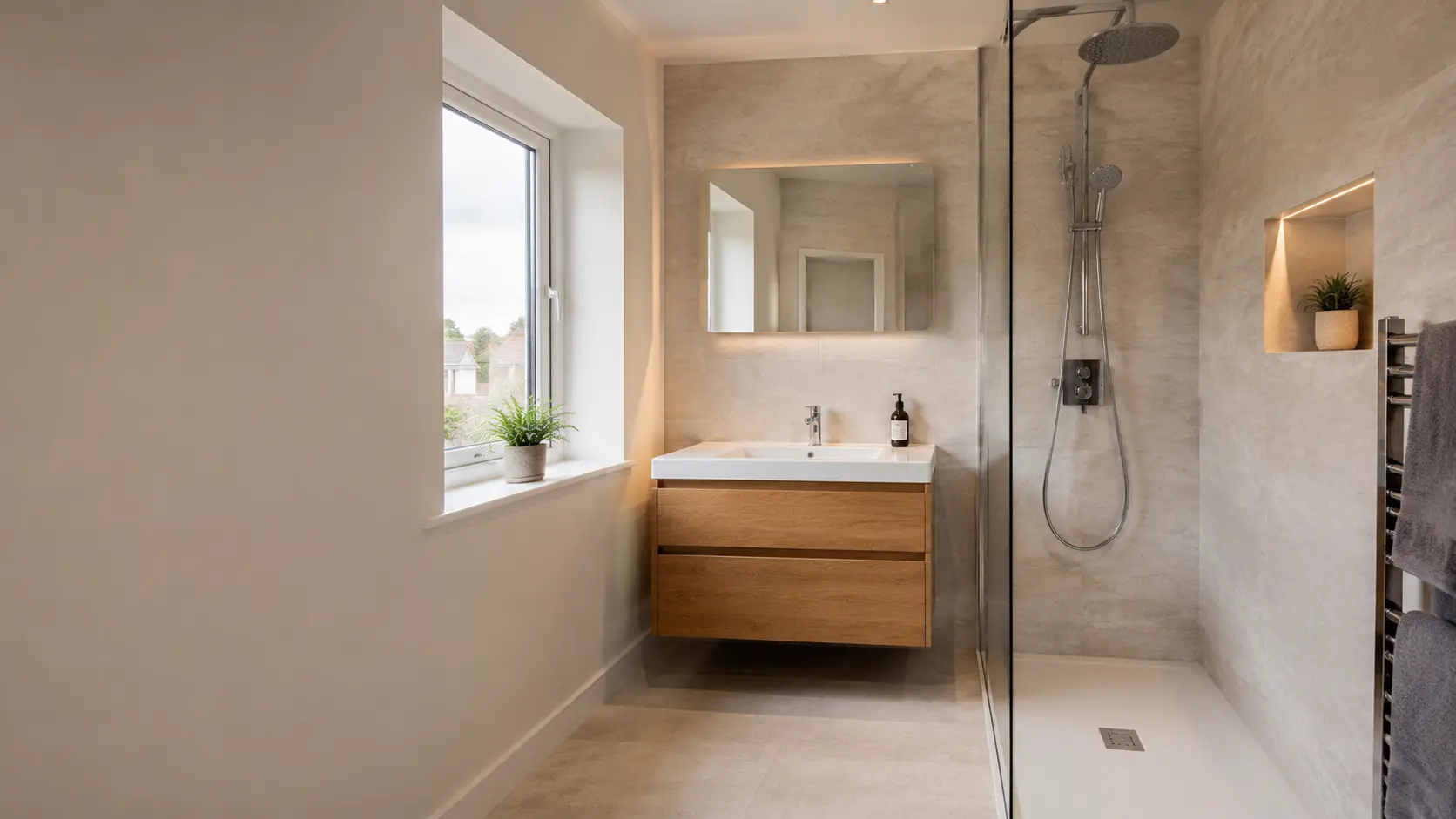 Modern bathroom design with warm natural materials