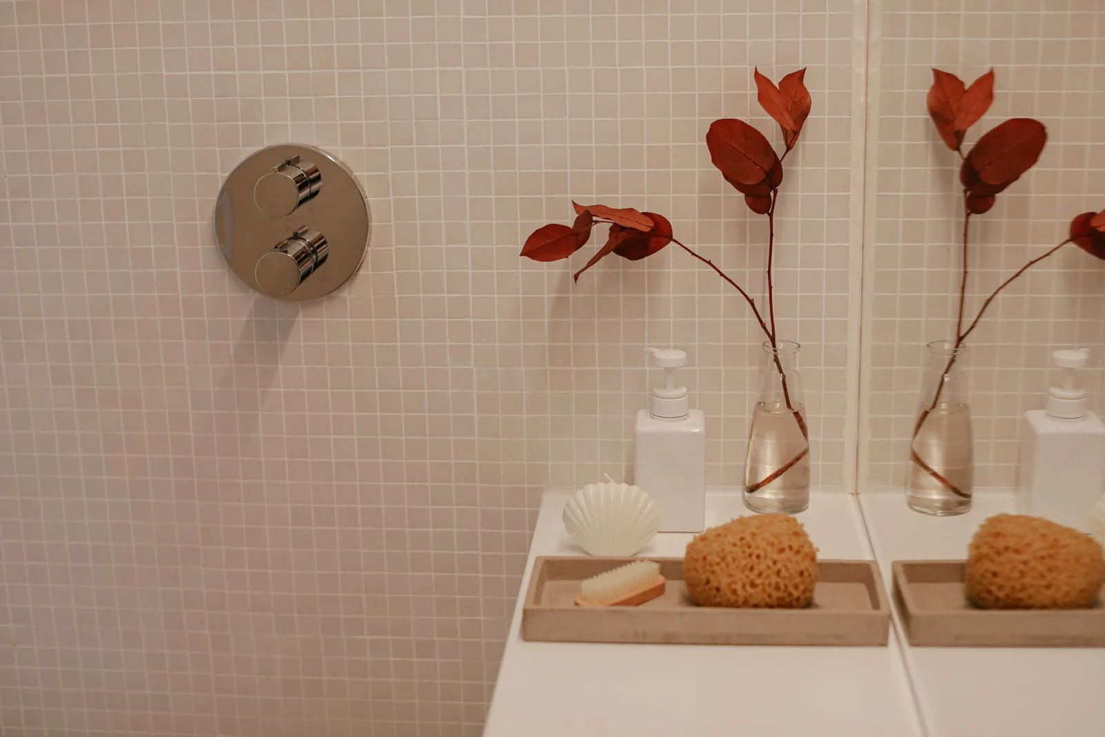 Bathroom basin and wall-mounted shower controls