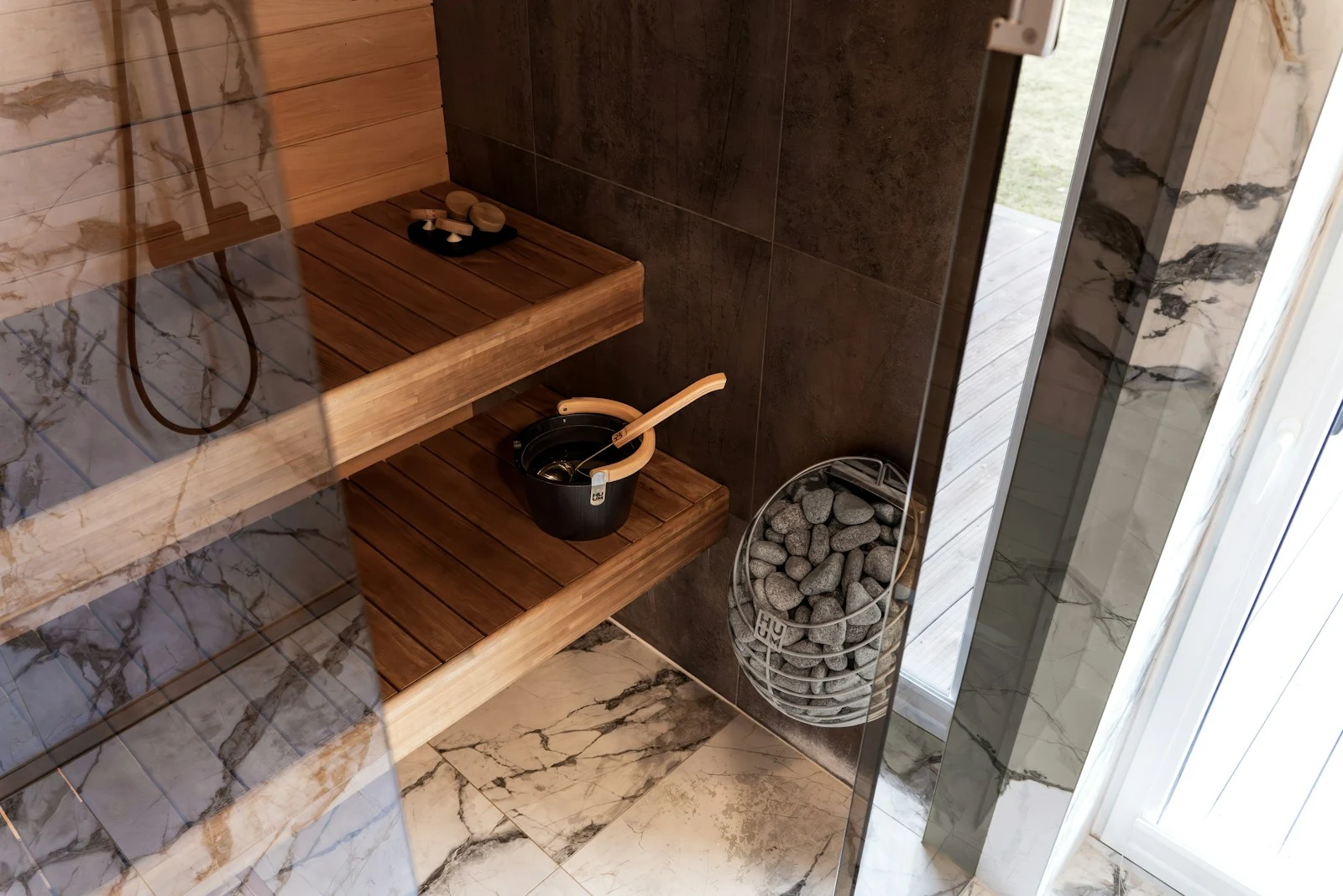 Recessed shelf and bench within a shower