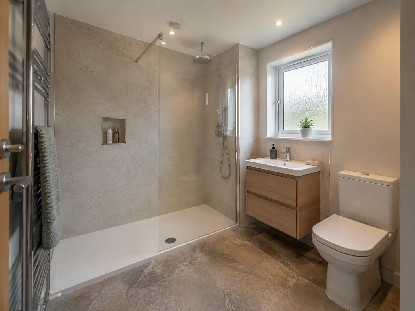 Low-entry walk-in shower with simple controls
